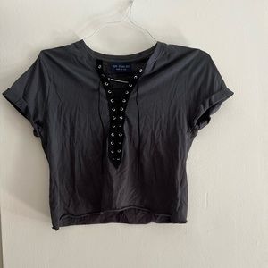 Mixology Navy/Grey Lace Up V-Neck Short Sleeve